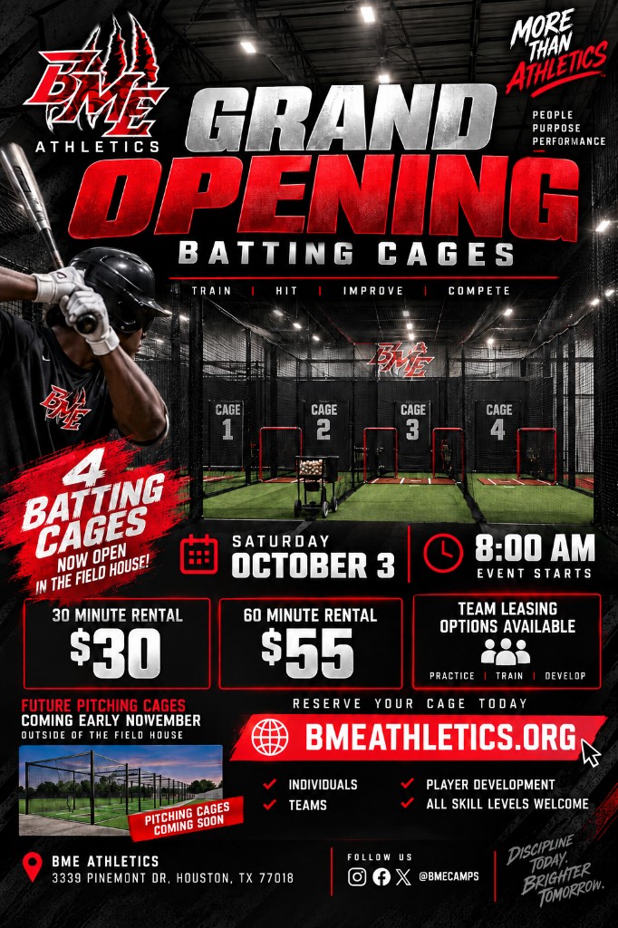 BME Athletics batting cages grand opening flyer — Thursday, October 1 at 8:00 AM, 30 minute rental $30, 60 minute rental $55, team leasing available