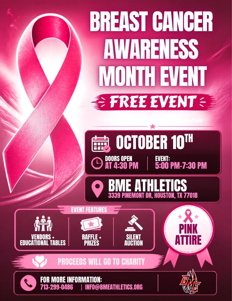 BME Athletics Breast Cancer Awareness Month Event flyer — free event October 10, doors open 4:30 PM, event 5:00 to 7:30 PM, pink attire encouraged