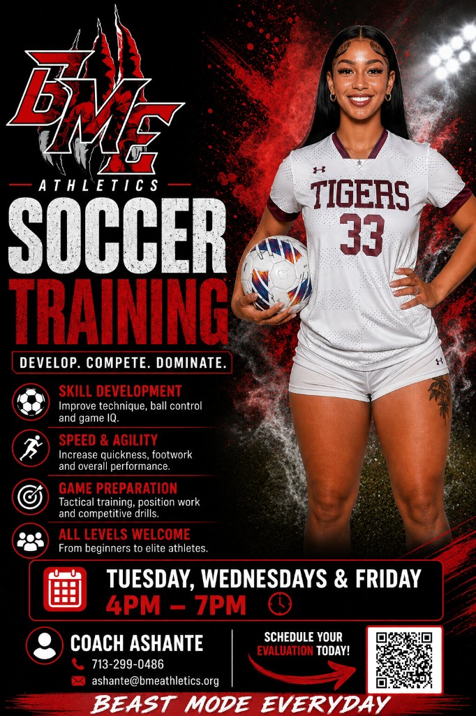 BME Athletics Soccer Training flyer — skill development, speed and agility, game preparation, Tuesdays Wednesdays and Fridays 4 PM to 7 PM